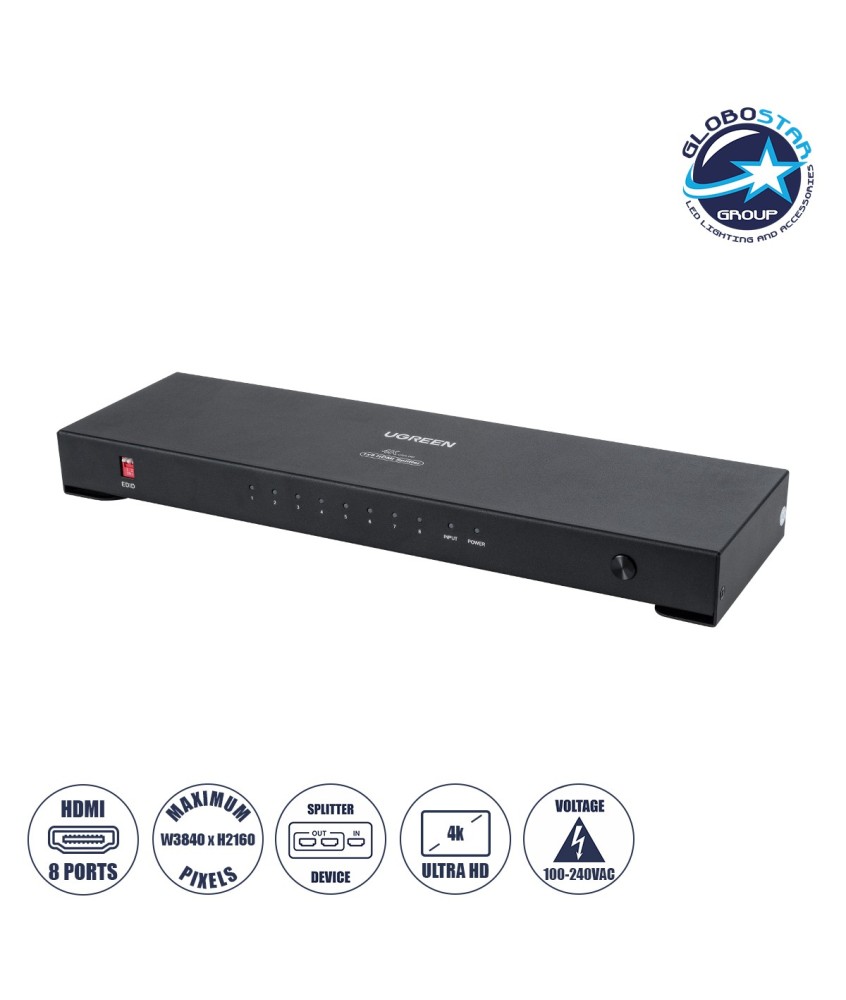 GLOBOSTAR® UGREEN-1x8 41020 Ugreen 1x8 All in One 4K HDMI Signal Splitter για LED Video Controllers - Input Signal W3840 x H2160@60Hz - Είσοδος 1 HDMI σε Έξοδο 8 HDMI - AC 220-240V IP20 - Μ30 x Π9 x Υ3.2cm - 2 Χρόνια Εγγύηση